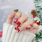 Festive Christmas-themed nails featuring detailed 3D designs, including Santa Claus, bows, snowflakes, and holiday ornaments, in red, white, and silver colors, creating a joyful and celebratory look.