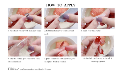 Step-by-step instructions on how to apply nails, including cleaning the natural nails, selecting the right size, applying adhesive, and pressing on the artificial nails for a secure fit.