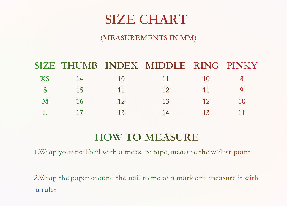 Size chart for nails showing different nail sizes, labeled by width and length in millimeters for various nail shapes such as square, almond, and oval.