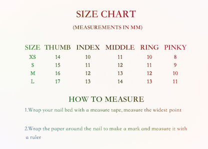 Size chart for nails showing different nail sizes, labeled by width and length in millimeters for various nail shapes such as square, almond, and oval.