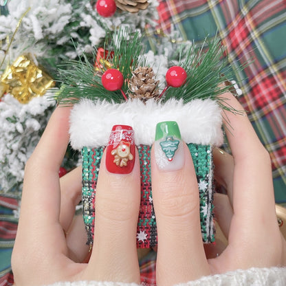 Festive Christmas-themed nails featuring detailed 3D designs, including Santa Claus, bows, snowflakes, and holiday ornaments, in red, white, brown and green colors, creating a joyful and celebratory look.